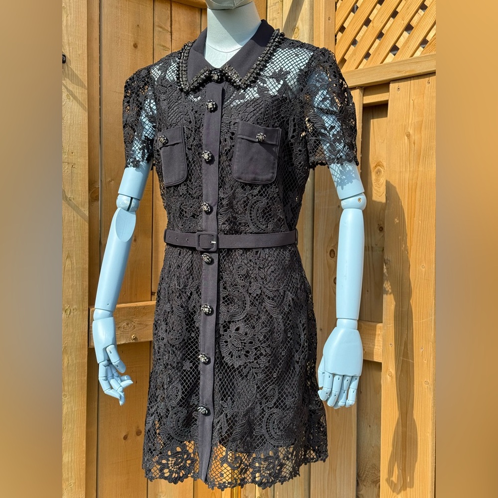 🆕 SELF PORTRAIT 🧿 NWOT Black Lace Button Front Mini Dress, Sz UK 14 US 10 - Picture 11 of 17